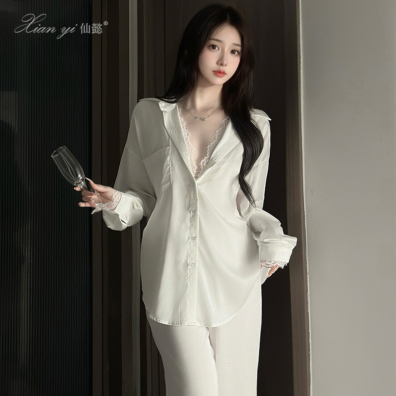 Xianyi Pure Lust Style Pajamas Women's Autumn and Winter Long-Sleeved Shirt Pants Suit Lace Sexy Imitation Silk Home Clothes 660 Xianyi Pure Lust Style Pajamas Women's Autumn and Winter Long-Sleeved Shirt Pants Suit Lace Sexy Imitation Silk Home Clothes 660