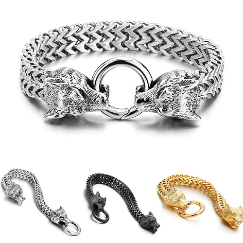 Longrui Men's Stainless Steel Wolf Head Franco Link Chain Bracelet Retro Personalized Viking Wolf Head Bracelet