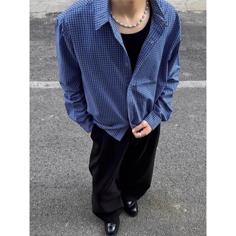 Plaid Miu-style fit long-sleeve shirt for men, autumn royal shirt jacket, cl blue plaid with drawstring hem Plaid Miu-style fit long-sleeve shirt for men, autumn royal shirt jacket, cl blue plaid with drawstring hem
