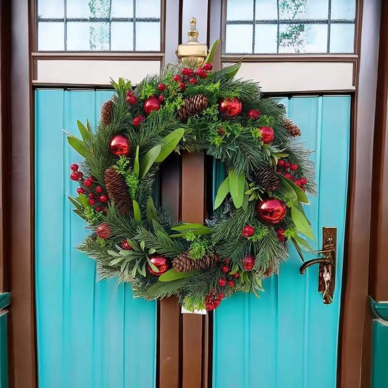 国境を越えた新しいクリスマスリース、赤い冬のベリー、模造松ぼっくり、赤いボール、玄関飾り、卸売ギフト|undefined