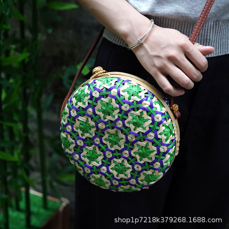 竹製ショルダークロスボディバッグ、マルチカラーレディースバッグ、旅行、休暇、レジャー、レトロスタイルの小さなラウンドバッグ、多用途の田園バッグ|undefined