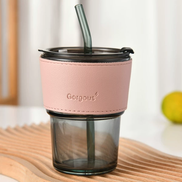 Smoke gray + pink leather case + straw + double drinking lid