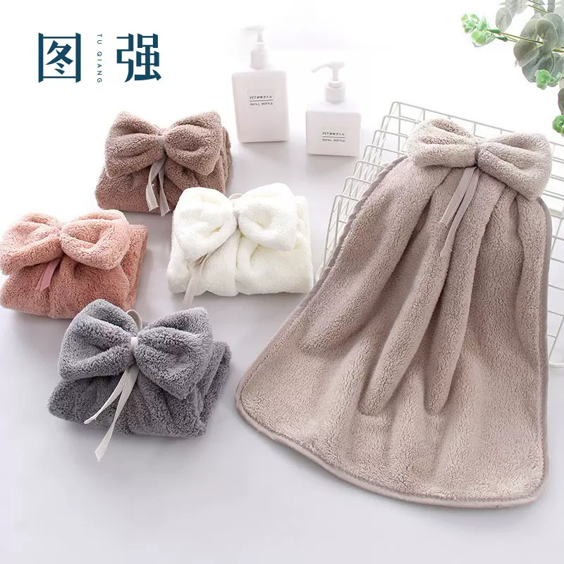 可爱挂式柔软吸水珊瑚绒毛巾厨房浴室家用蝴蝶结擦手巾