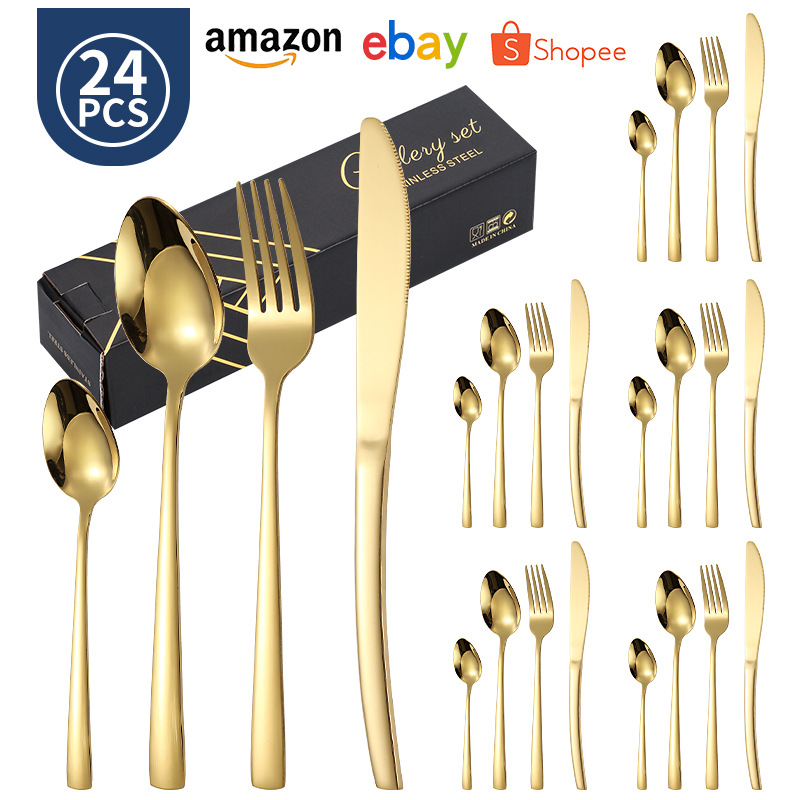 Juego de vajilla de 24 piezas de cuchillo y tenedor de acero inoxidable de venta caliente transfronteriza caja de regalo cuchara de comida occidental de Amazon dorada chapada en titanio
