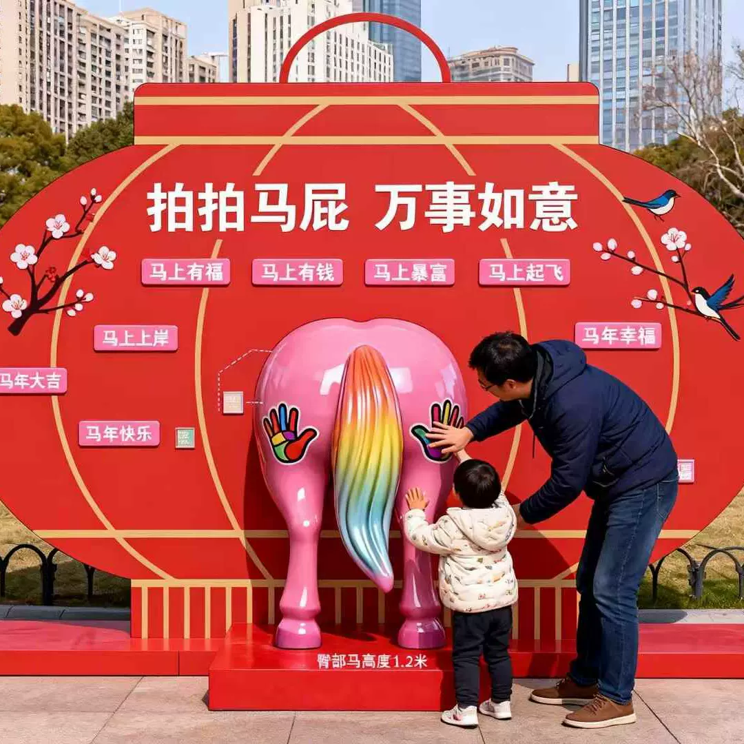 户外活动场景互动装置拍马屁马年景观玻璃钢雕塑定制新年吉祥物