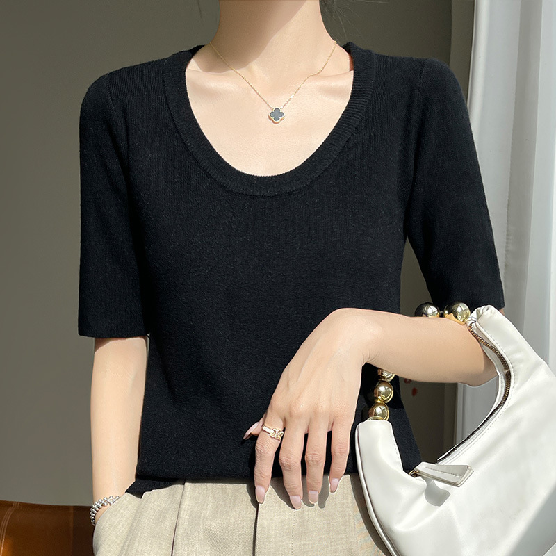 Summer new women's clothing Quzhu ice hemp silk short sleeve women's sweater T-shirt women's low U collar slim Korean foreign trade wholesale generation Summer new women's clothing Quzhu ice hemp silk short sleeve women's sweater T-shirt women's low U collar slim Korean foreign trade wholesale generation