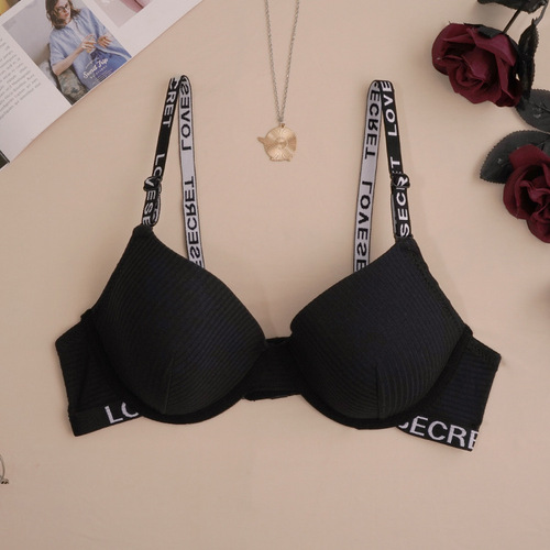 Changlizi Cross-Border Underwear, Black Cotton Molded Bra with Steel Rim, Fashionable Adjustable Bra in Minimalist Design