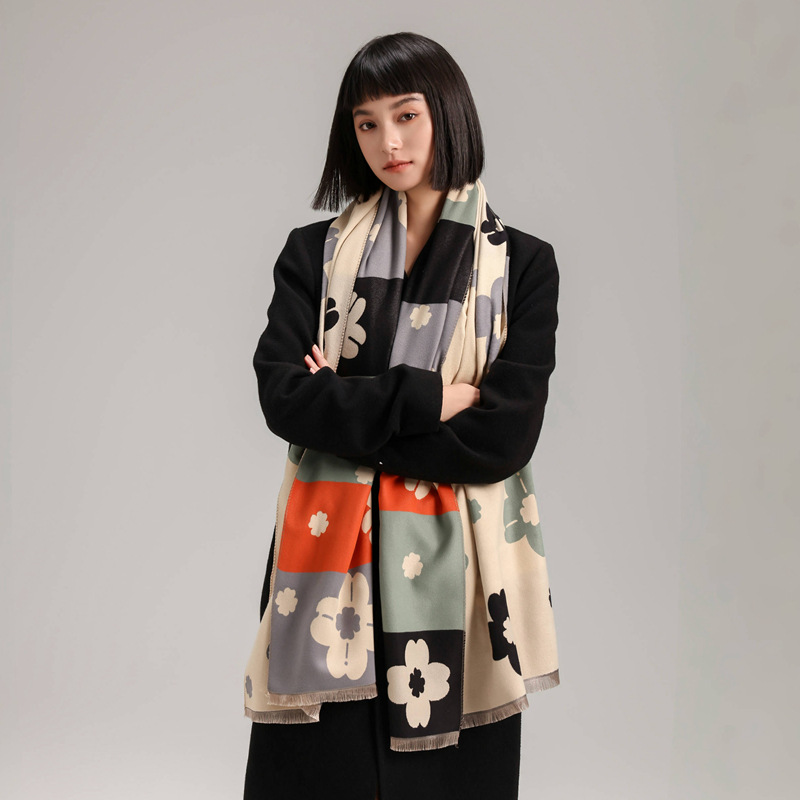 Coreano de alta calidad impresión doble cara collar temperamento chal 2024 invierno nuevo empalme flores engrosadas bufandas mujeres