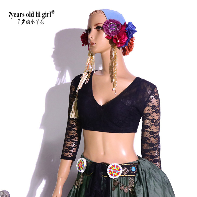 ATS Tribal Belly Dance choli Long Sleeve Autumn and Winter South Korea Lace V-Neck Backless Middle Sleeve Top DQ130 ATS Tribal Belly Dance choli Long Sleeve Autumn and Winter South Korea Lace V-Neck Backless Middle Sleeve Top DQ130