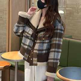 加厚外套女冬羊羔毛拼接格子2025新款宽松时尚百搭小个子棉服上衣