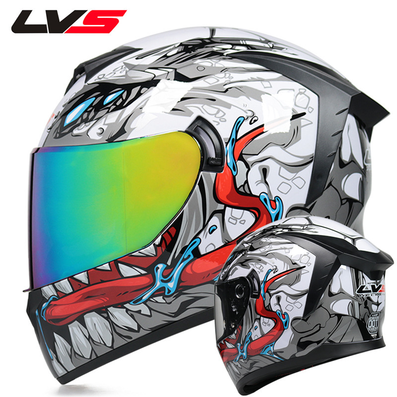LVS casco de la motocicleta estándar nacional de los hombres y las mujeres del casco completo de doble lente de invierno motocicleta eléctrica Bluetooth cabeza Gris Cuatro Estaciones