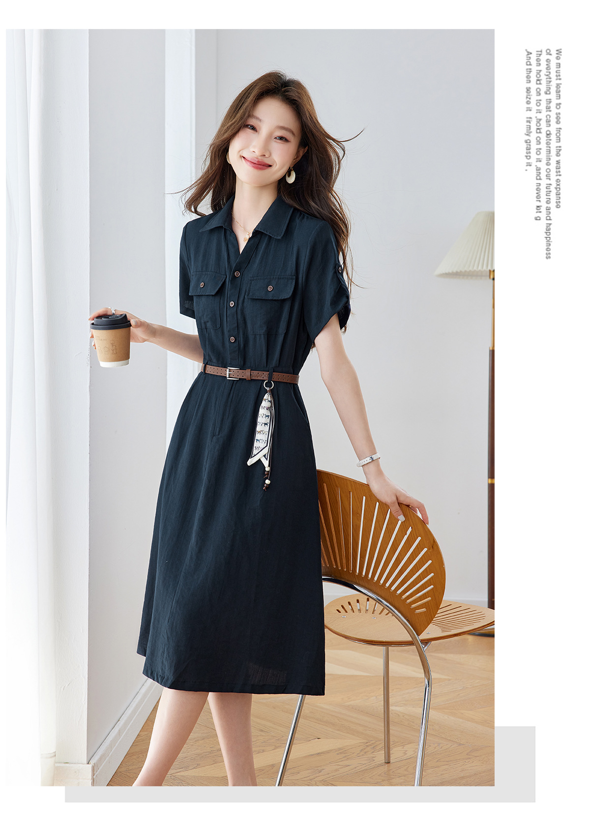 Đầm maxi nữ cổ bẻ thắt eo dáng suông kèm dây lưng — Xanh lông mòng đen, màu trắng chi tiết 16