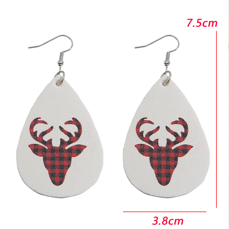 New Christmas Red Lattice Small Elk Pattern Leather Earrings Wholesale display picture 3