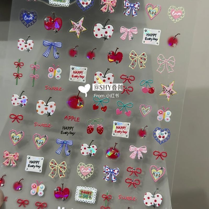 Cute Embossed New Graffiti Bear Apple Nail Art Stickers Bowknot 3D Dopamine DIY Nail Decoration Cute Embossed New Graffiti Bear Apple Nail Art Stickers Bowknot 3D Dopamine DIY Nail Decoration
