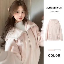 2025秋冬款粉色韩版连帽毛呢外套女装高级感巨好看松弛感拉链外套