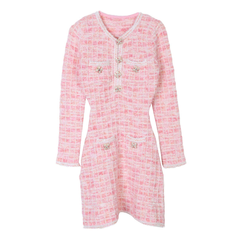 Fragrant Style Celebrity Elegant Sweet Age-reducing Pink Plaid Crewneck Knitted dress 2024 Autumn New French Style