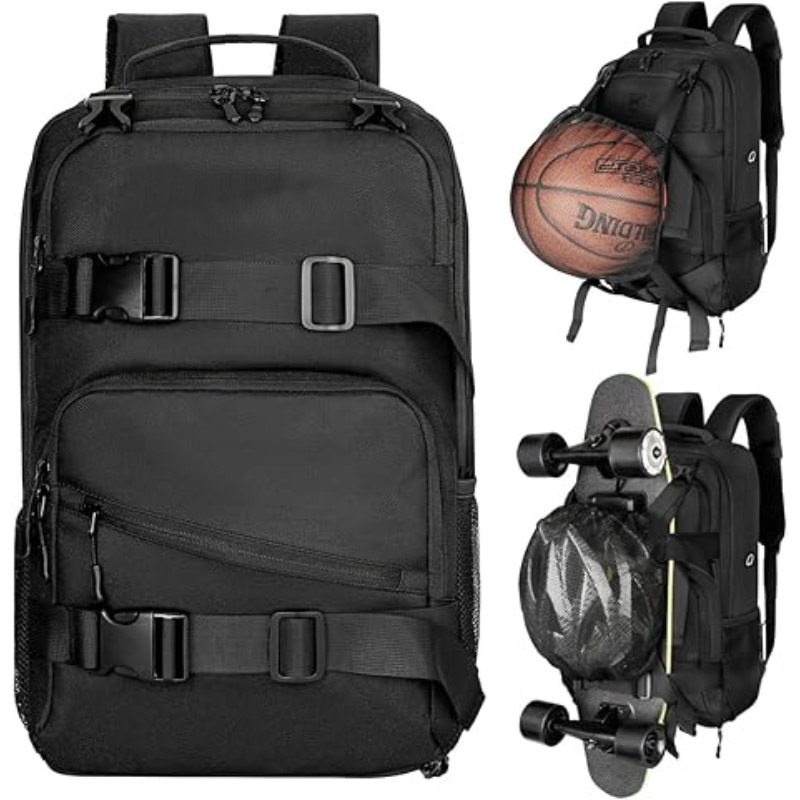 跨境双肩包潮流电脑背包学生书包滑板背包运动背包带球架