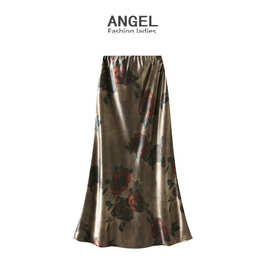 法式复古风印花鱼尾半身裙女秋季高腰显瘦垂感洋气中长裙子9836-1