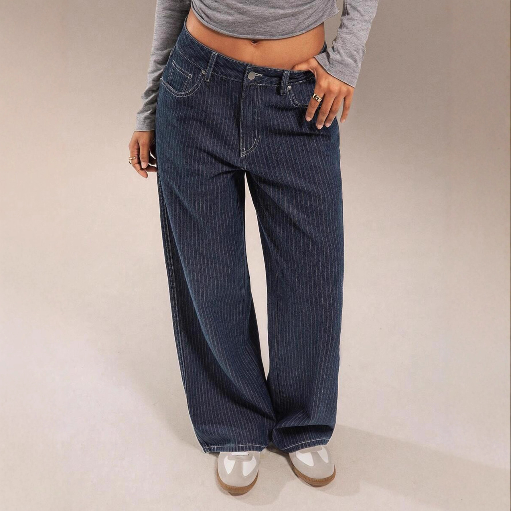 European And American Cross-border Women's Jeans, 2025 Autumn New Style, Blue Striped Casual Straight-le,_ecoleips.com