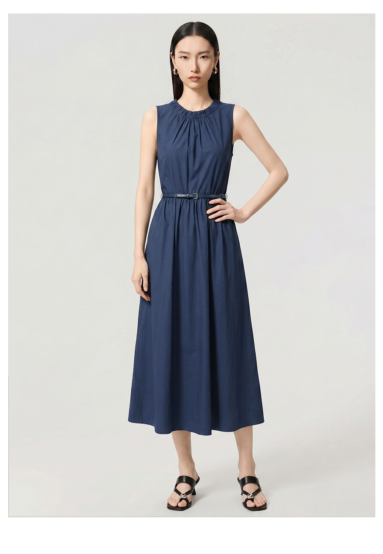 Đầm maxi nữ thắt eo không tay chất cotton phong cách Pháp cổ điển — xanh lam chi tiết 11