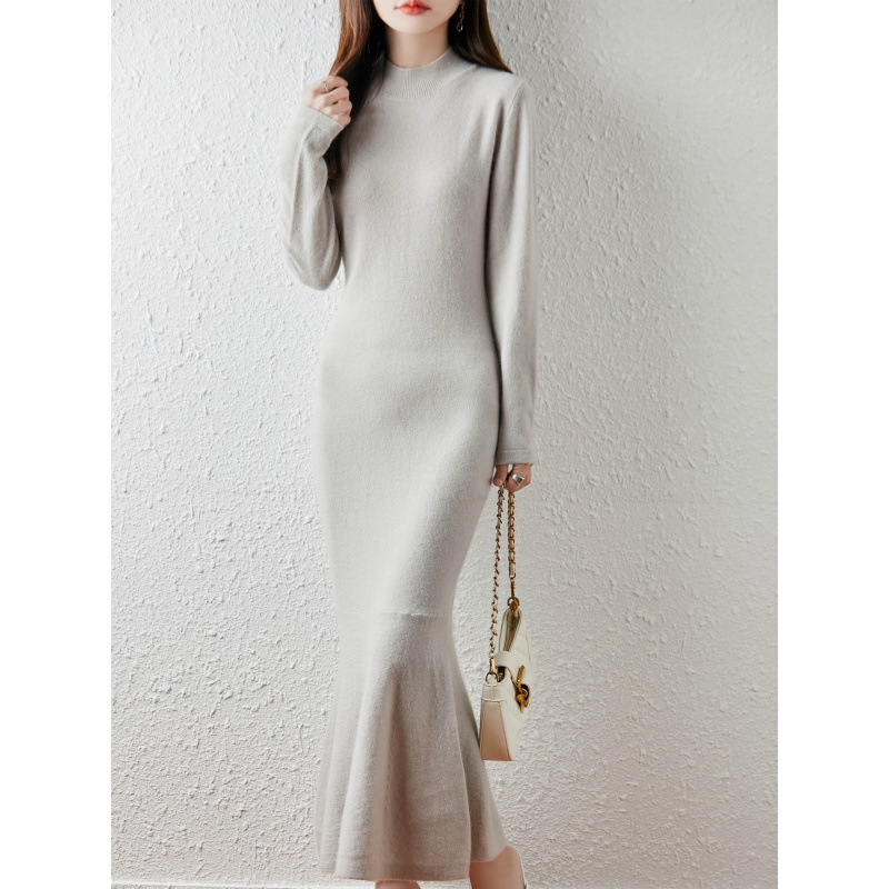 New Autumn and Winter Slim-Fit Over-The-Knee Dress, 100% Wool Ultra-Long Fishtail Skirt, Base Knit Sweater Dress, Hepburn Style New Autumn and Winter Slim-Fit Over-The-Knee Dress, 100% Wool Ultra-Long Fishtail Skirt, Base Knit Sweater Dress, Hepburn Style