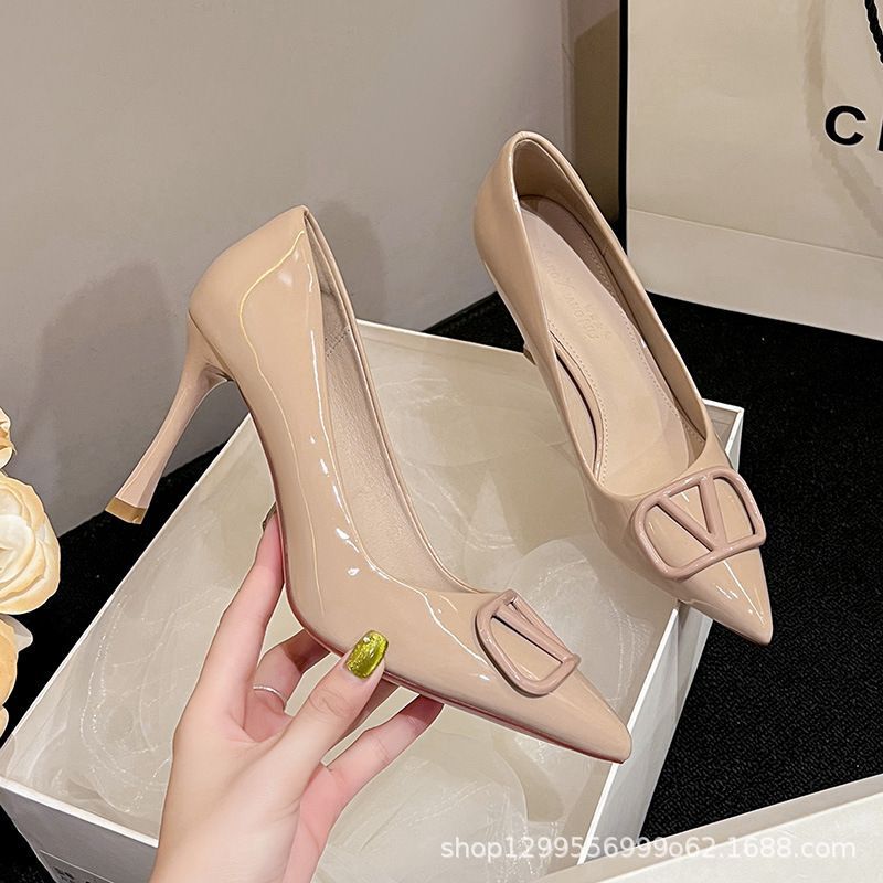 Nude High Heels 2025 New Popular Style V-Shaped Pointed Toe Stiletto Ultra-High Heels Comfortable for Feet Professional Work Shoes Versatile