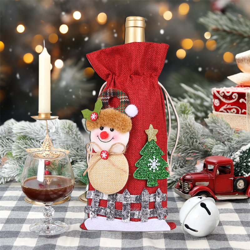 Navidad vinos decoraciones navideñas lino nieve dibujos animados cuerda de dibujo botella de vinos cubierta bolsas de botella de vinos de muñeca
