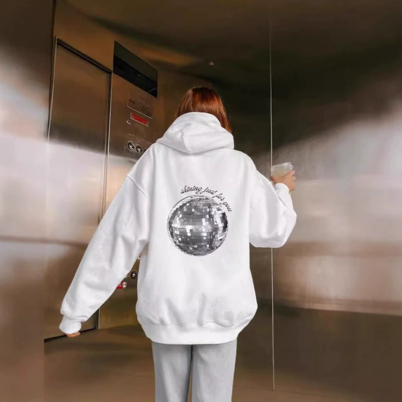 Новая женская худи-толстовка с капюшоном, спущенной линией плеч, ребристой текстурой и принтом в стиле "диско-шар", европейский размер, 2025 года.