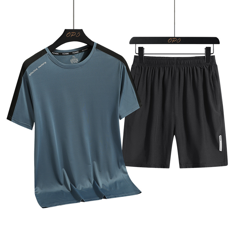 Traje deportivo de verano para hombre de seda de hielo casual suelto de dos piezas nuevo transpirable de secado rápido al aire libre cuello redondo Camiseta pantalones cortos