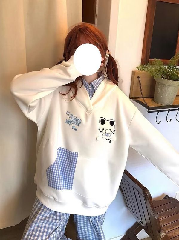 美式复古格子拼接猫咪刺绣假两件连帽卫衣女秋冬新款宽松闺蜜装|undefined