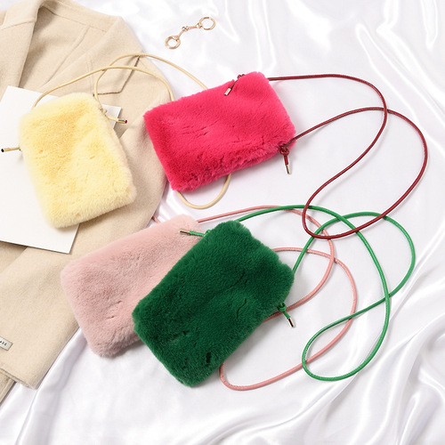 Autumn and winter new furry mobile phone bag Internet celebrity plush small bag single shoulder cross-body bag trendy vertical mini bag women's coin purse