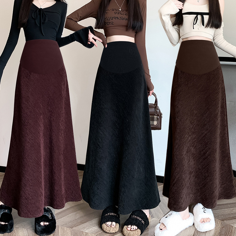 Maternity Thick Corduroy Skirt, Autumn and Winter Long Style, Drapey A-Line, Wide Hem, Hip-Hugging, Belly-Supporting, Fishtail Long Skirt