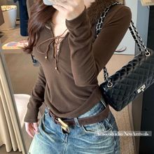 【厂家源头现货直发】秋冬毛领拼接系带打底衫女内搭修身长袖上衣