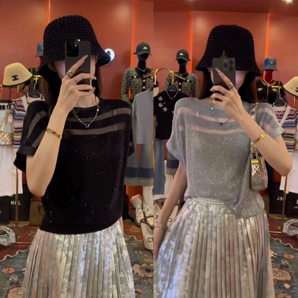 Heavy-duty Hot Drilling Design Hollow-out Temperament Ice Silk Knitted T-shirt Women's Summer Fashionable Lightweight Breathable Blouse Top