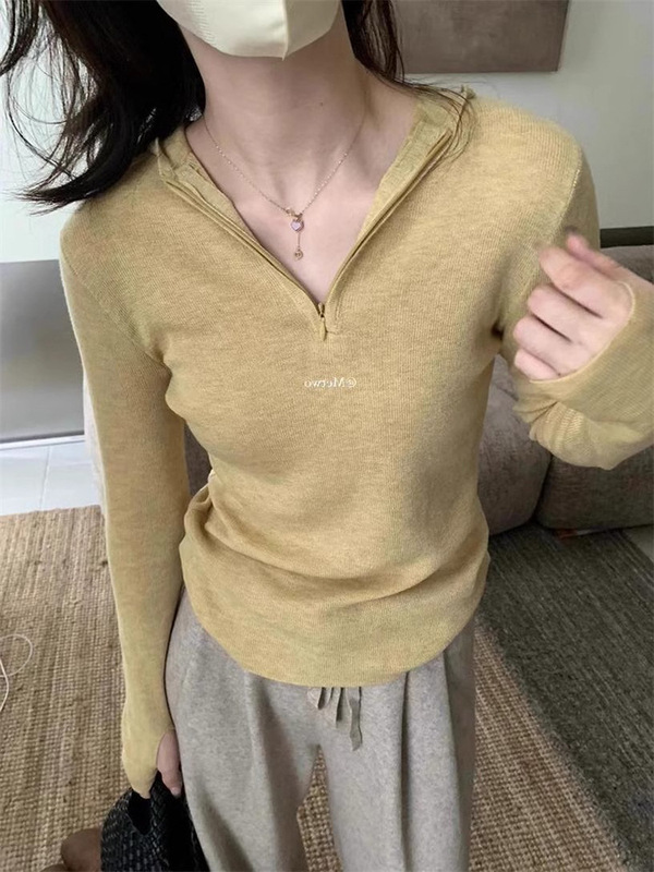 韩系温柔半拉链连帽针织衫女秋冬内搭慵懒修身打底毛衣设计感上衣|undefined
