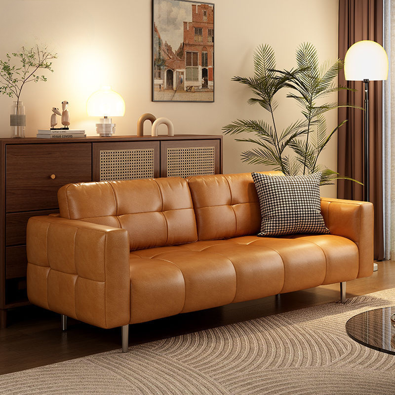 American Leather Sofa Small Apartment Black Living Room Apartment Light Luxury Retro Antique Brown caramel Leather Sofa