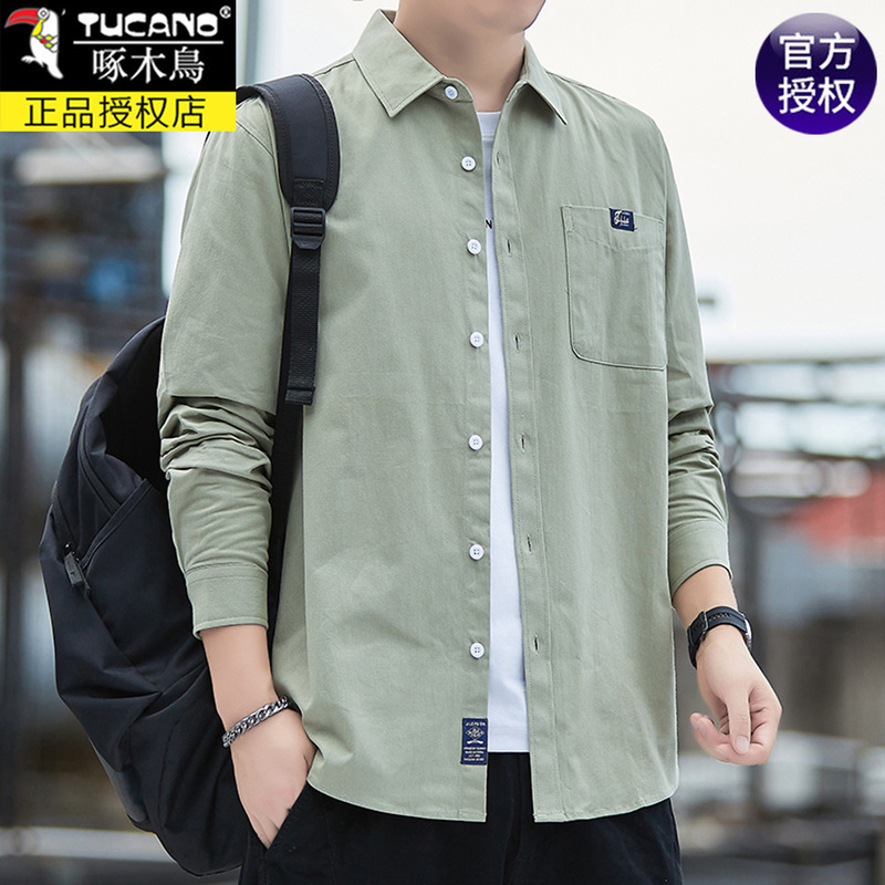 Authentic Woodpecker Pure Cotton 100% Men's Shirt Long-Sleeved Spring and Autum Loose Work Jacket Men's Trendyy Tops