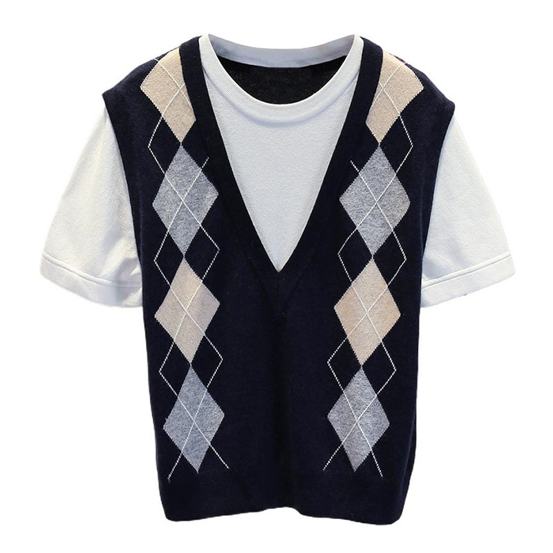 French S Home 2025 New Autum Style Rhombus Plaid Fake Two-Piece Knitwear Preppy Style V Neck Wide Vest