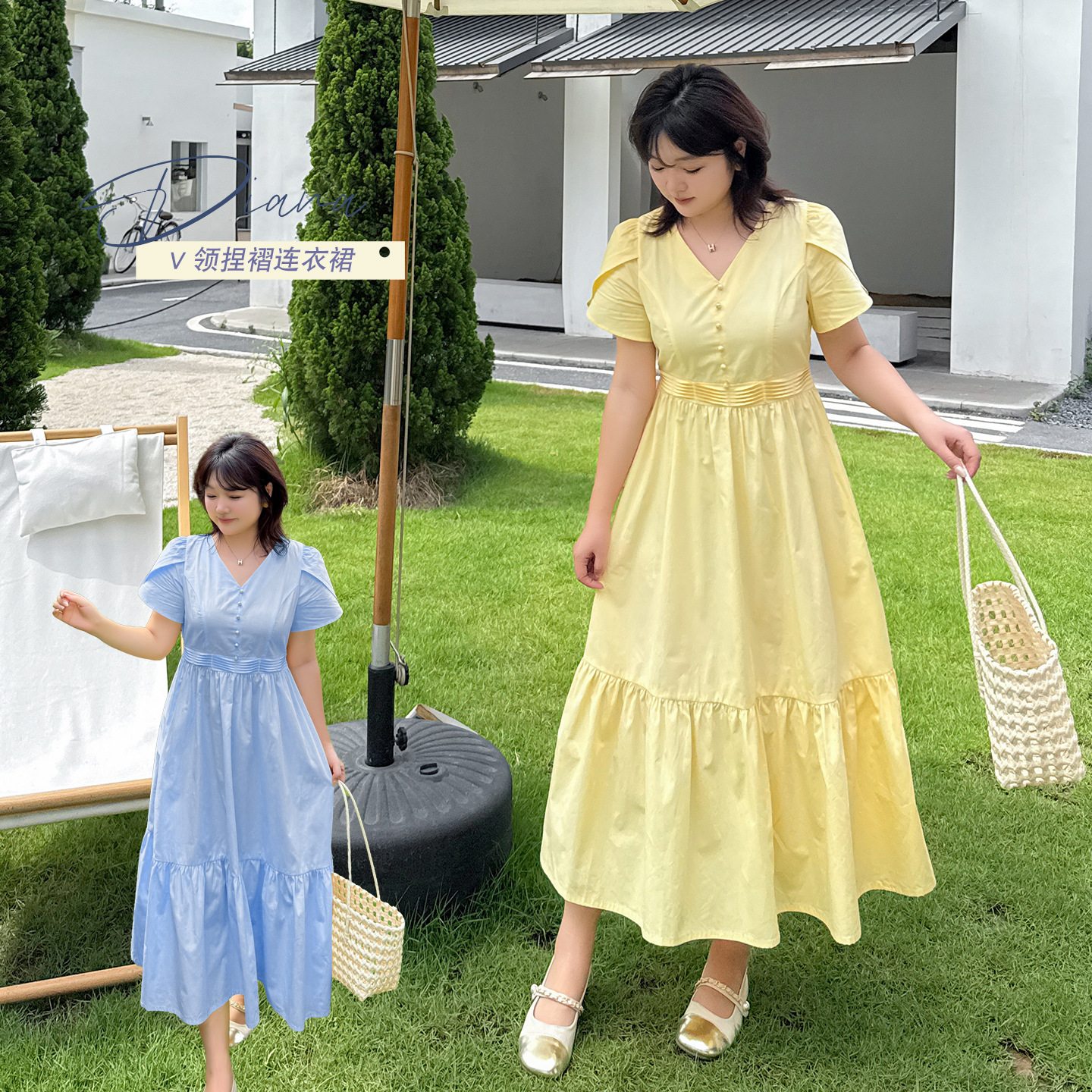k3316大码女装长款法式V领简约甜美夏款短袖连衣裙胖妹妹裙子