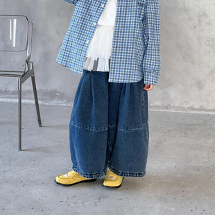 2025 Autumn New Korean Style Children's Versatile Loose Jeans for Boys and Girls Denim Blue Balloon Pants Long Pants