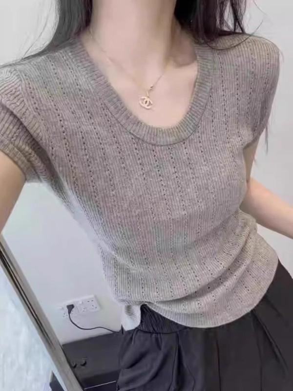 u领冰丝短袖针织衫女夏季薄款外穿弹力修身紧身麻花镂空透气上衣|undefined