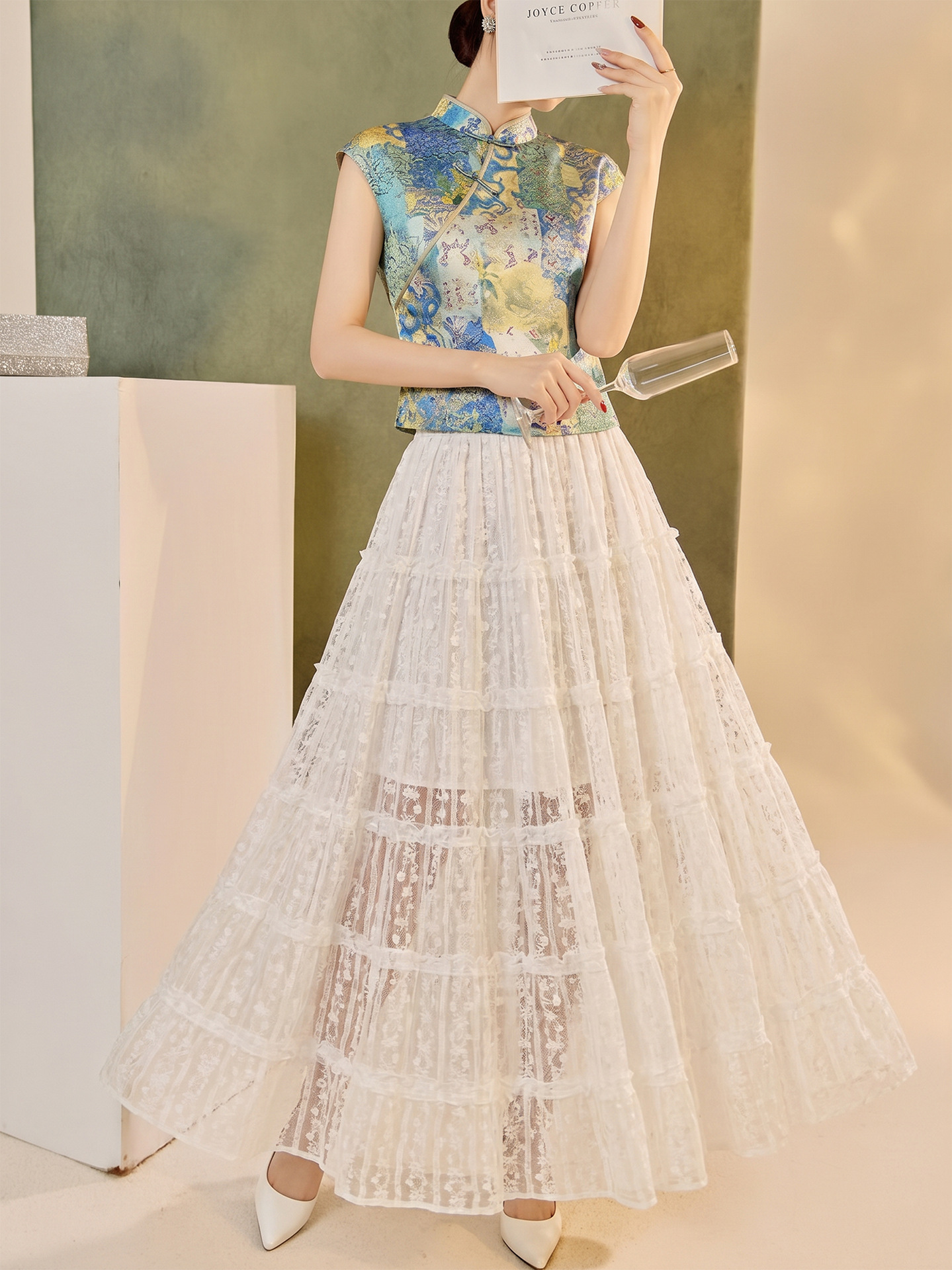 Váy dài ren cao eo nữ — Mực đen, Gạo trắng