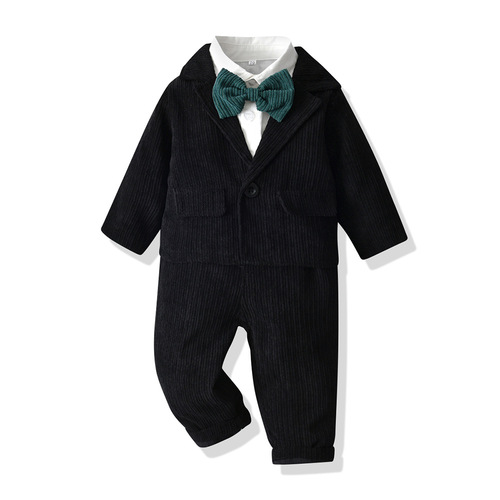 Autumn Corduroy Children's Set Trendy Long-Sleeve Solid Color Jacket Bow Tie Cotton Shirt Korean Style Children's Pants Three-Piece Set