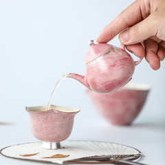 Mr. Qing Jingdezhen pure handmade red mud cherry blossom girl pink Kung Fu tea set ceramic round mouth hand-painted pot set