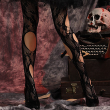 欧美万圣节 撕裂镂空破洞渔网袜 性感暗黑提花骷髅头蜘蛛连裤袜
