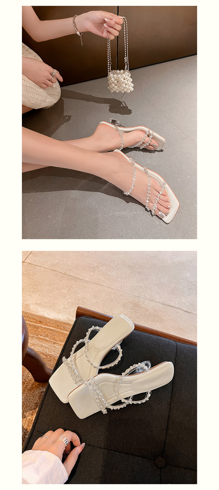 Sandal nữ quai mảnh đính đá mũi vuông hở mũi gót cao trong suốt đế xuồng — trắng chi tiết 14
