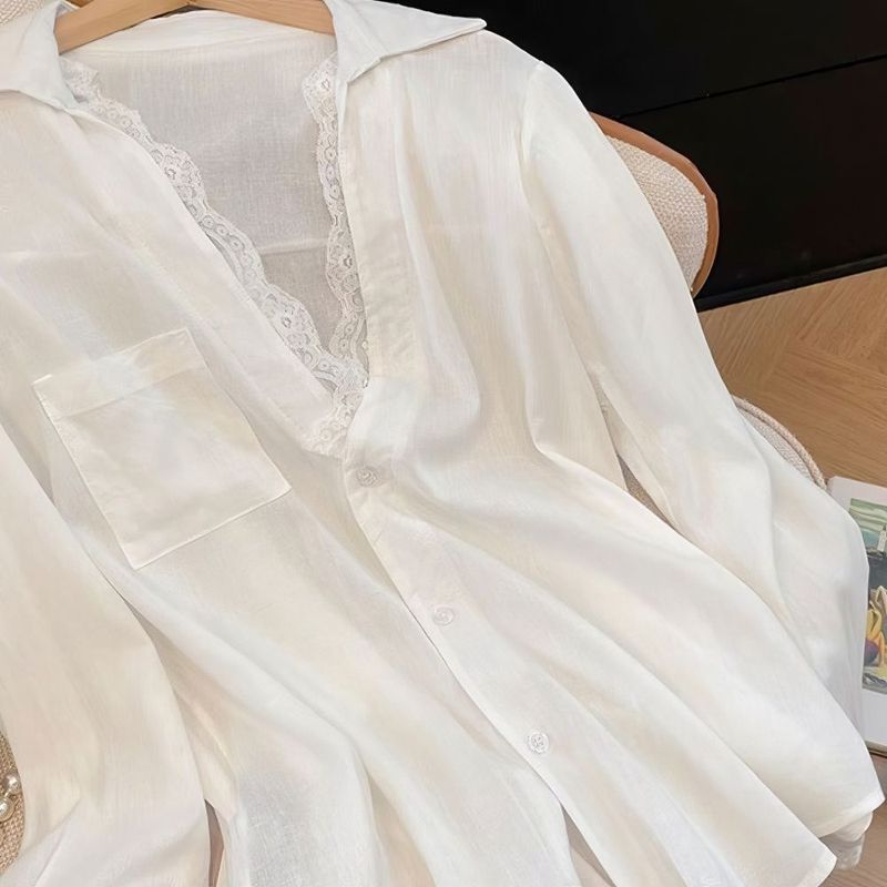 春夏新款简约风新品感白色假两件蕾丝拼接长袖宽松衬衫上衣女2025|undefined