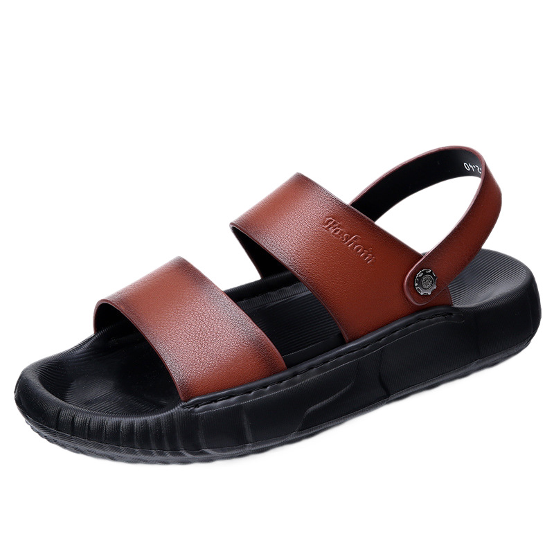 Summer Genuine Leather Sandals For Outdoor Wear, Non-Slip Soft Sole Beach Shoes, Men's Top Layer Cowhide Trendy Dual-Use_vogvips.com
