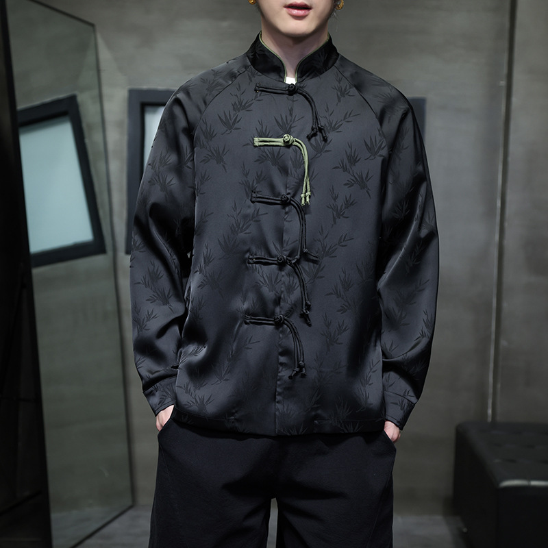 Black Hole Scenery Spring/Summer New Product Chinese Style Bamboo Leaf Silk Jacquard Long sleeved Shirt Button Standing_vogarts.com