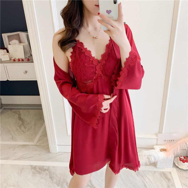 フレンチクロス露ストラップ胸パッドストラップセクシー2点セットパジャマレディース刺繍シルクサテンパジャマ